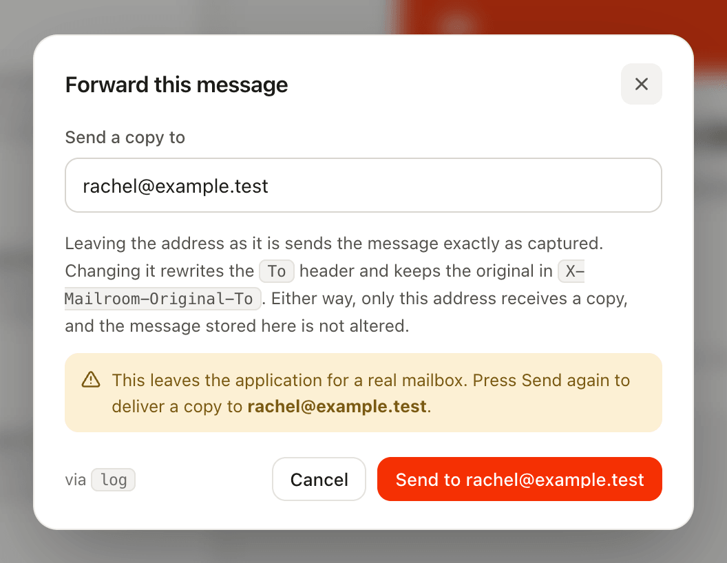 The second step: a note that the copy leaves the application for a real mailbox, and the button reading Send to the address
