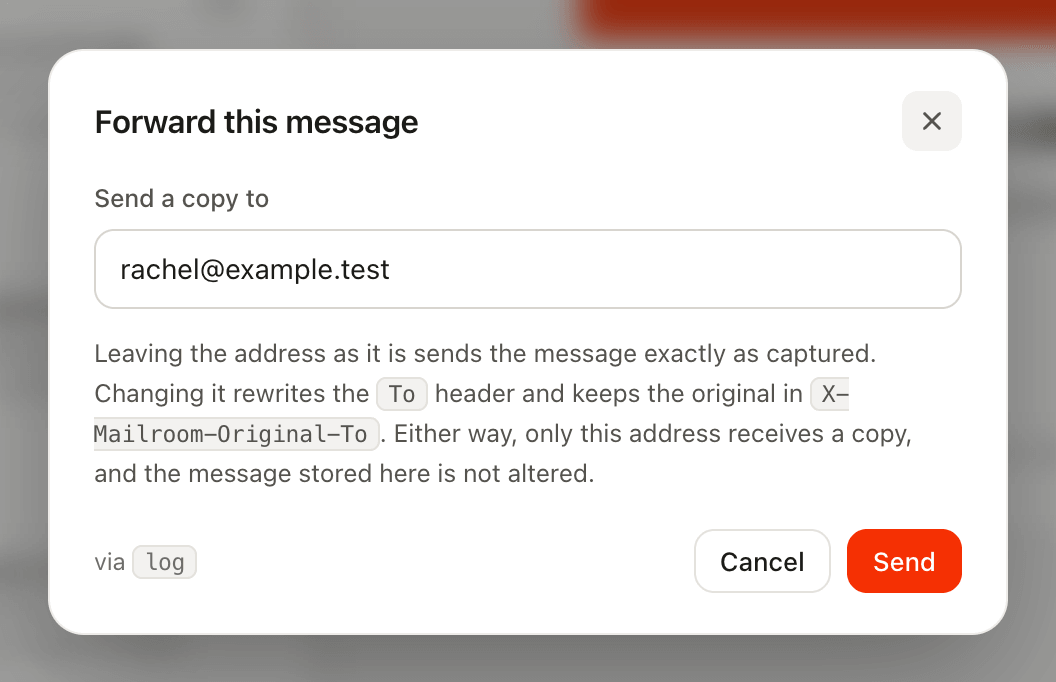 The Forward dialog, its address field filled in, with Cancel and Send