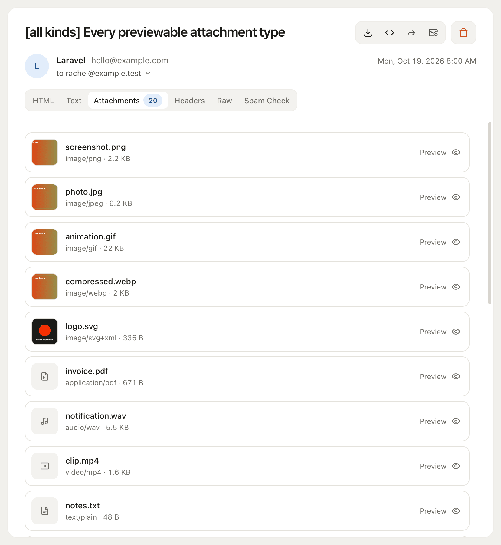The Attachments tab: a card per file with its type and size, and a Preview or Download button