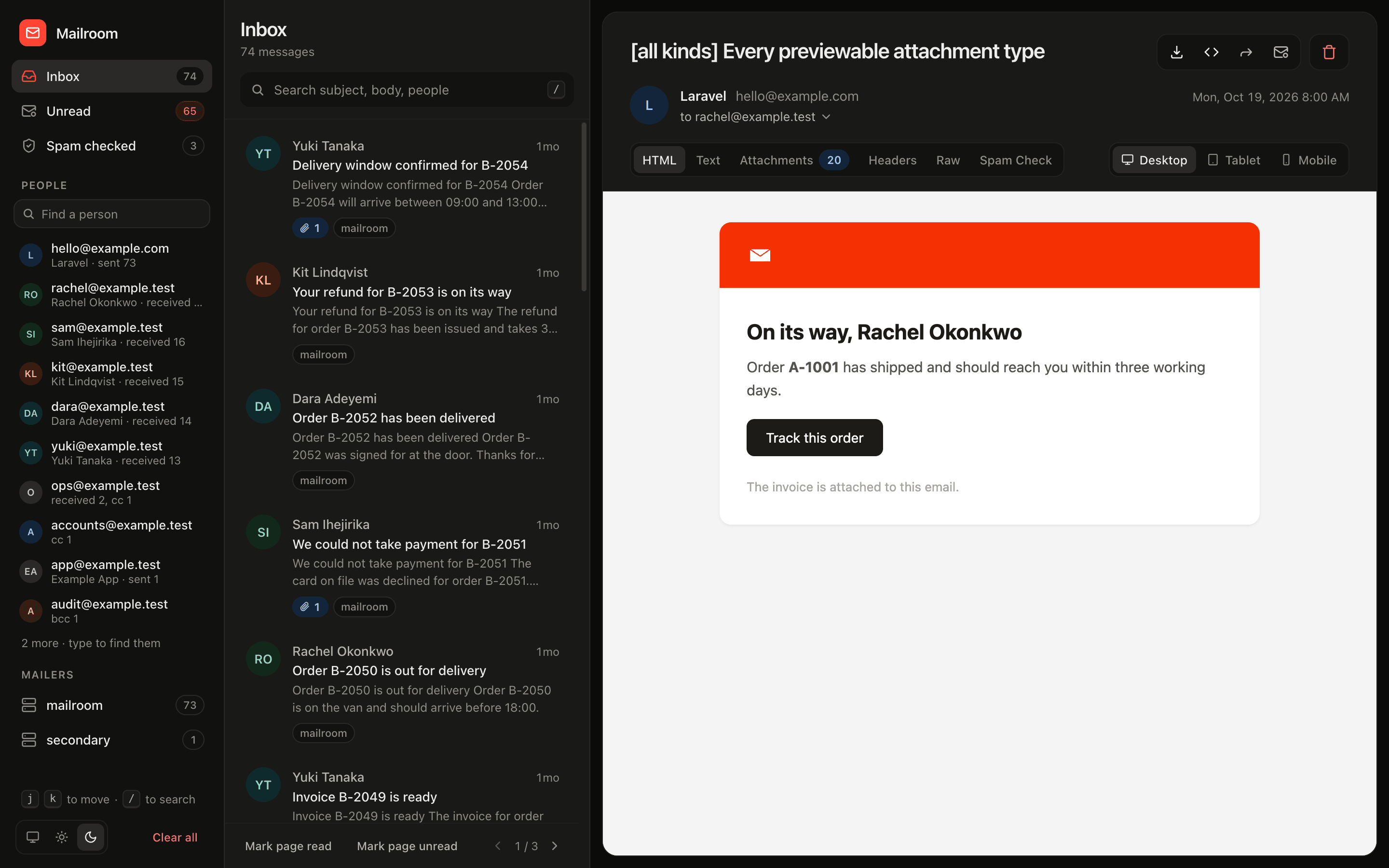 The Mailroom mailbox in dark mode: a sidebar of mailboxes and people, the message list, and an open message