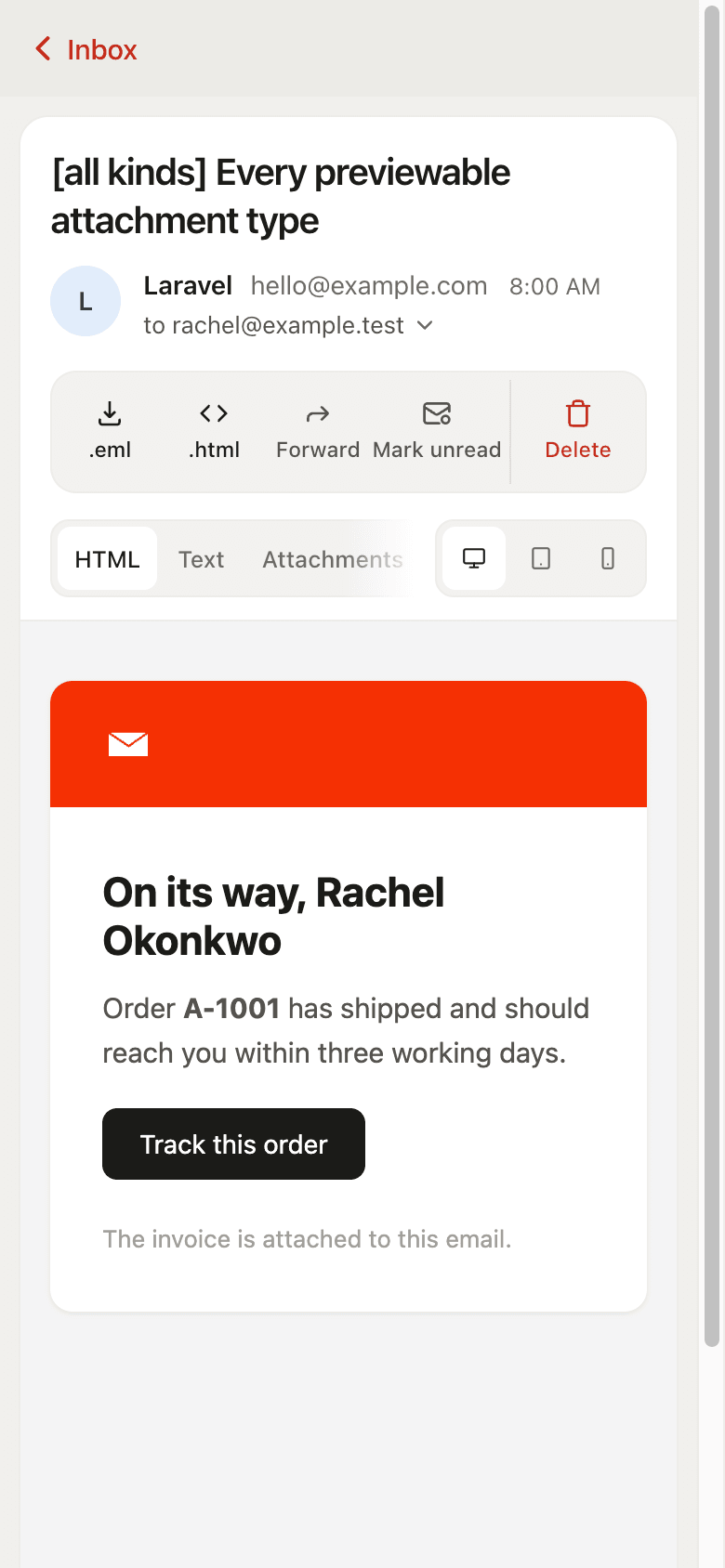 An open message on a phone, with a link back to the list and a toolbar that spells out each button